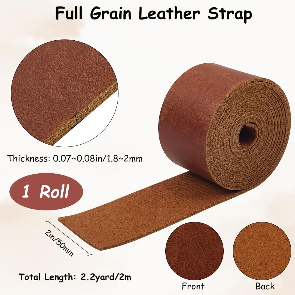 2 Inch Wide Crazy Horse Top Grain Leather Strap AB Grade 72 Inch Long Genuine Leather Strips 1.8mm Thick Saddle Brown Leather Cord Real Leather Flat String Tooling for Crafts DIY