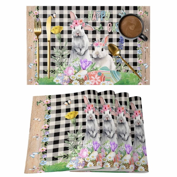 Easter Placemats Set of 4, Spring Rabbit Flowers Colorful Eggs Black Lattice Placemats for Dining Table, Place Mats for Kitchen Tabletop, Waterproof Wipeable Dining Table Mats Set