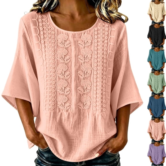 JOANKDMI Boho Tops for Women Crewneck Half Sleeve Relaxed Fit Embroidered Floral Casual Daily Summer Vacation Blouses