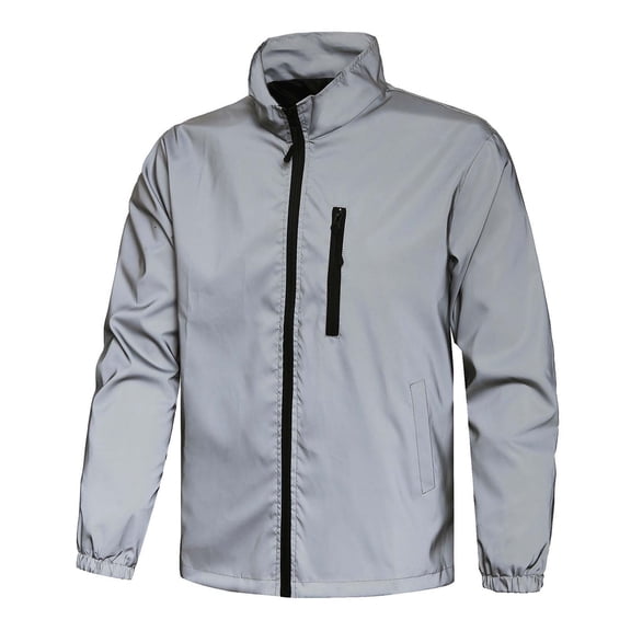 Men Reflective Running Jacket, Lightweight Windbreaker with Zipper Pocket, Full Zip Track Jacket Big and Tall Size XS-3XL Gray