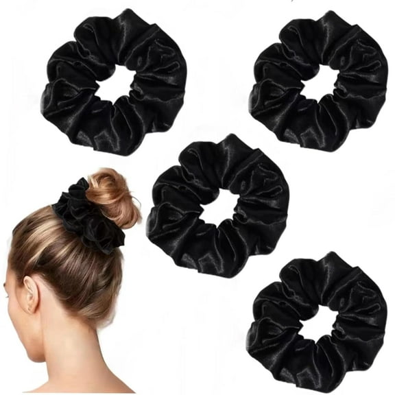 Papapt 4PCS Black Big Satin Silk Scrunchies for Women Thick Hair, 6.3Inches Extra Large Hair Scrunchy Oversized Thick Elastic Hair Ties Hair Bands Ponytail Holders Jumbo Hair Scrunchies (Black*4)
