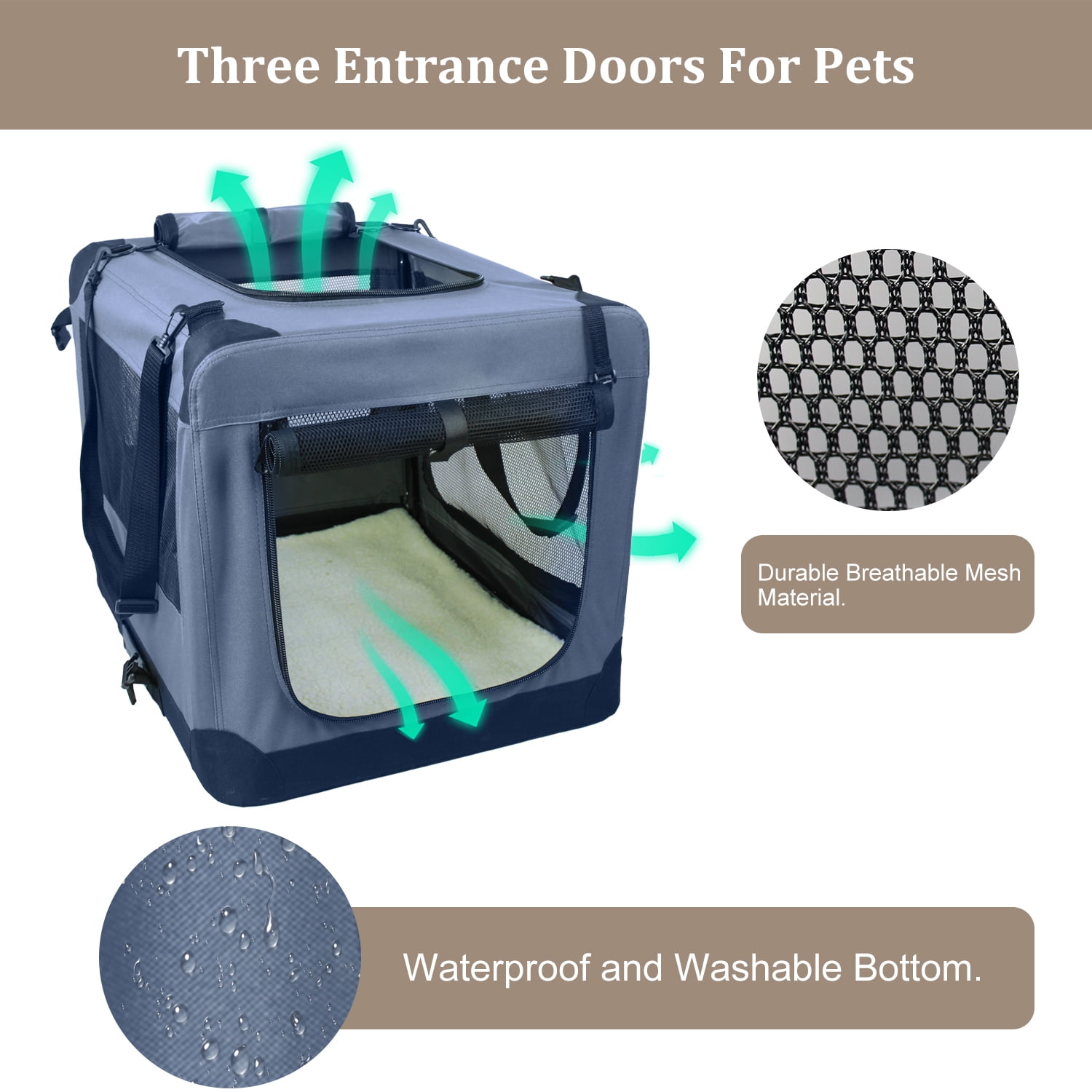 ZAKAPAWS Collapsible Soft Dog Crate, Portable 3 Door Dog Kennel, Travel Pet Crate Carrier for Indoor and Outdoor (26" L x 20" W x 20" H, Grey)