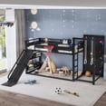 thumbnail image 2 of Twin XL size metal loft/bunk bed with basketball hoop, pull-up rings, climbing wall, and built-in bookshelves. Playful childlike  design featuring a slide,Black., 2 of 22