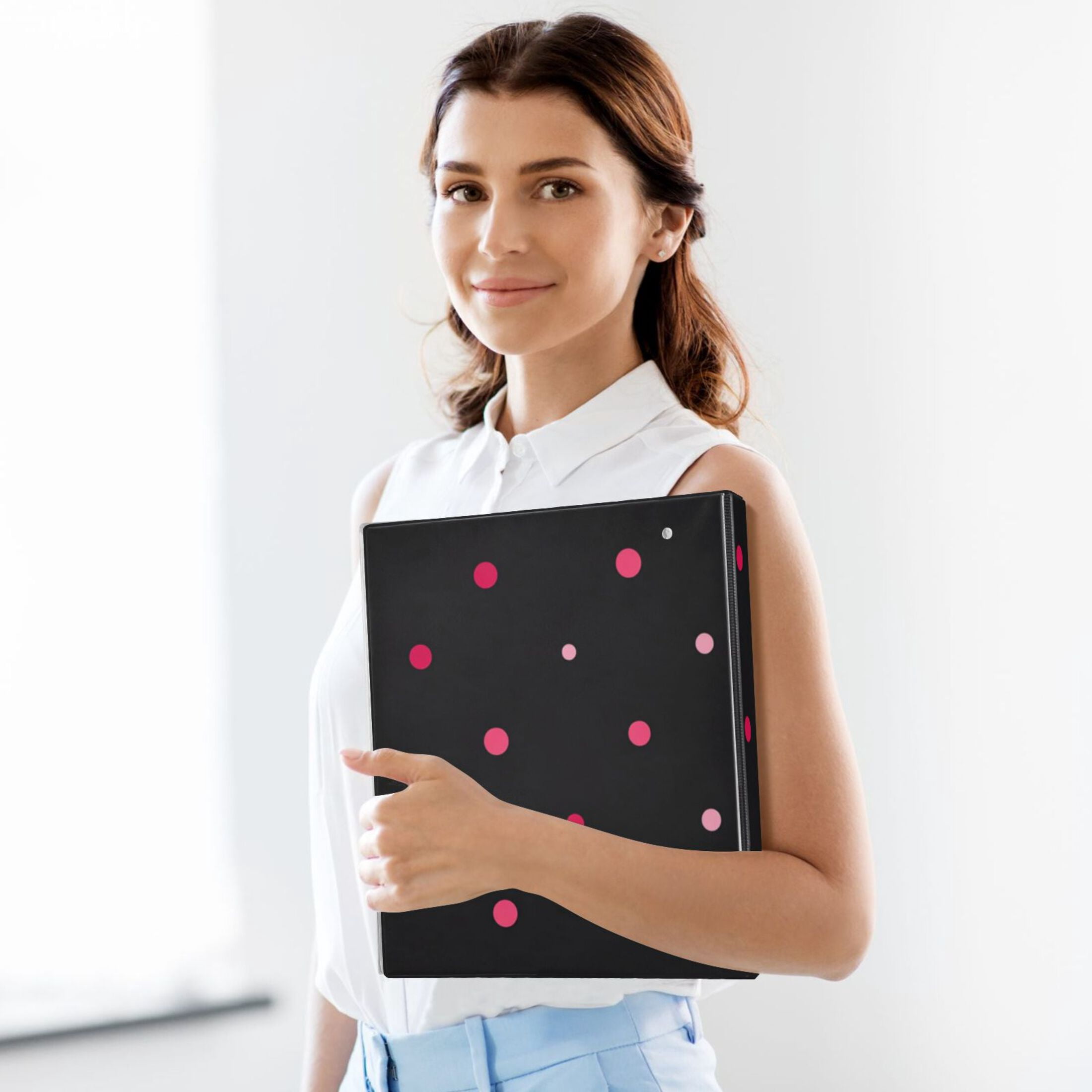 Pink Dots 3 Ring Binders 1.5 inch Hardcover File Folders with Interior Pockets A4 Size Organizer for School Office Hospital