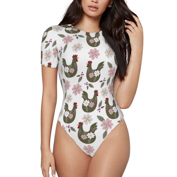 Fotbe Flowe Rooster Body de Mujer con Cuello Redondo y Mangas Cortas, Sin Mangas Ajustado, Suave, Cómodo y Básico-XX-Large