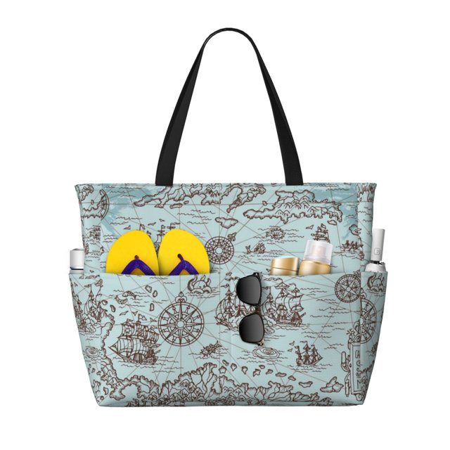 Fotbe Pirate Adventure Map Pattern Water-Resistant Beach Travel Bag - Large Capacity Tote with 7 Pockets, Lightweight Design for Women & Men, Perfect for Beach, Pool & Gym