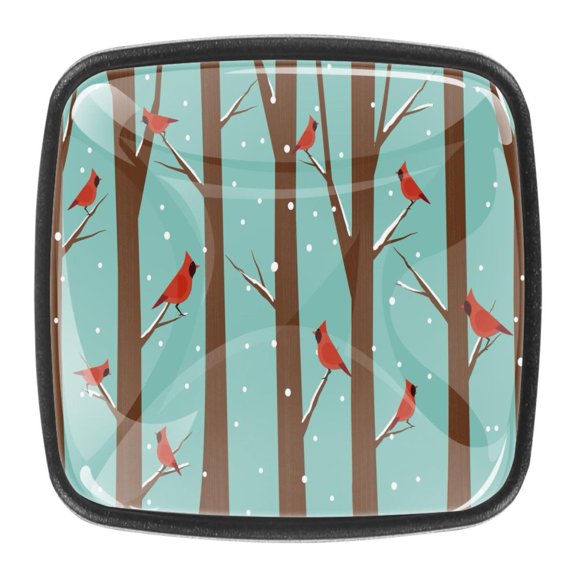 4 Pcs Square Cabinet Handle Cupboard Knob Drawer Pulls Handle Birch Tree Snow Red Bird Drawer Knobs with Screws Furniture Decoration