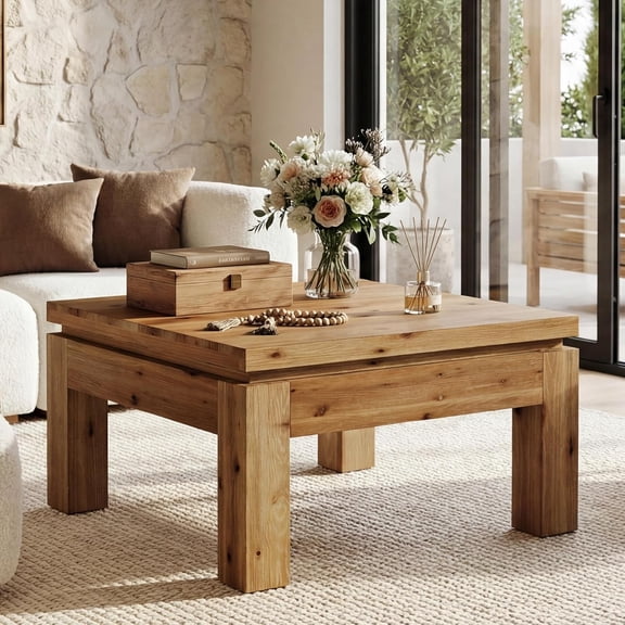 Tribesigns 31.5" Square Coffee Table, Farmhouse Solid Wood Coffee Table for Living Room, Small Spaces (Natural Brown)