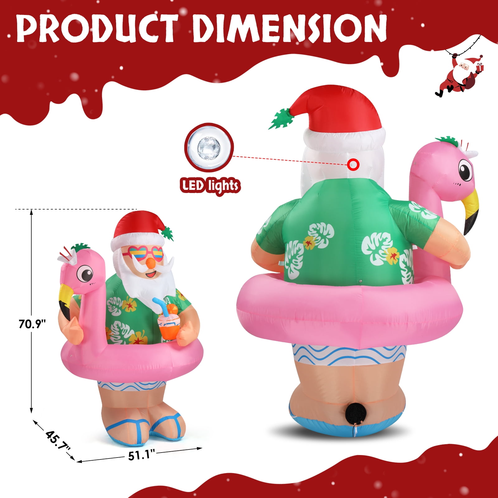 Astoutdoor Lighted Christmas Inflatable Decoration, Hawaii Santa Claus with Built-in LED Lights, 51.2 x 45.7 x 70.9 in