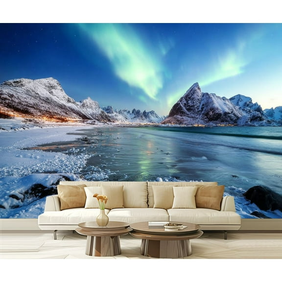 Peel and Stick Wallpaper Borealis Lofoten islands Norway Nothen light mountains frozen ocean Modern Art Wall Mural Decor Self Adhesive and Removable 69in x 98in