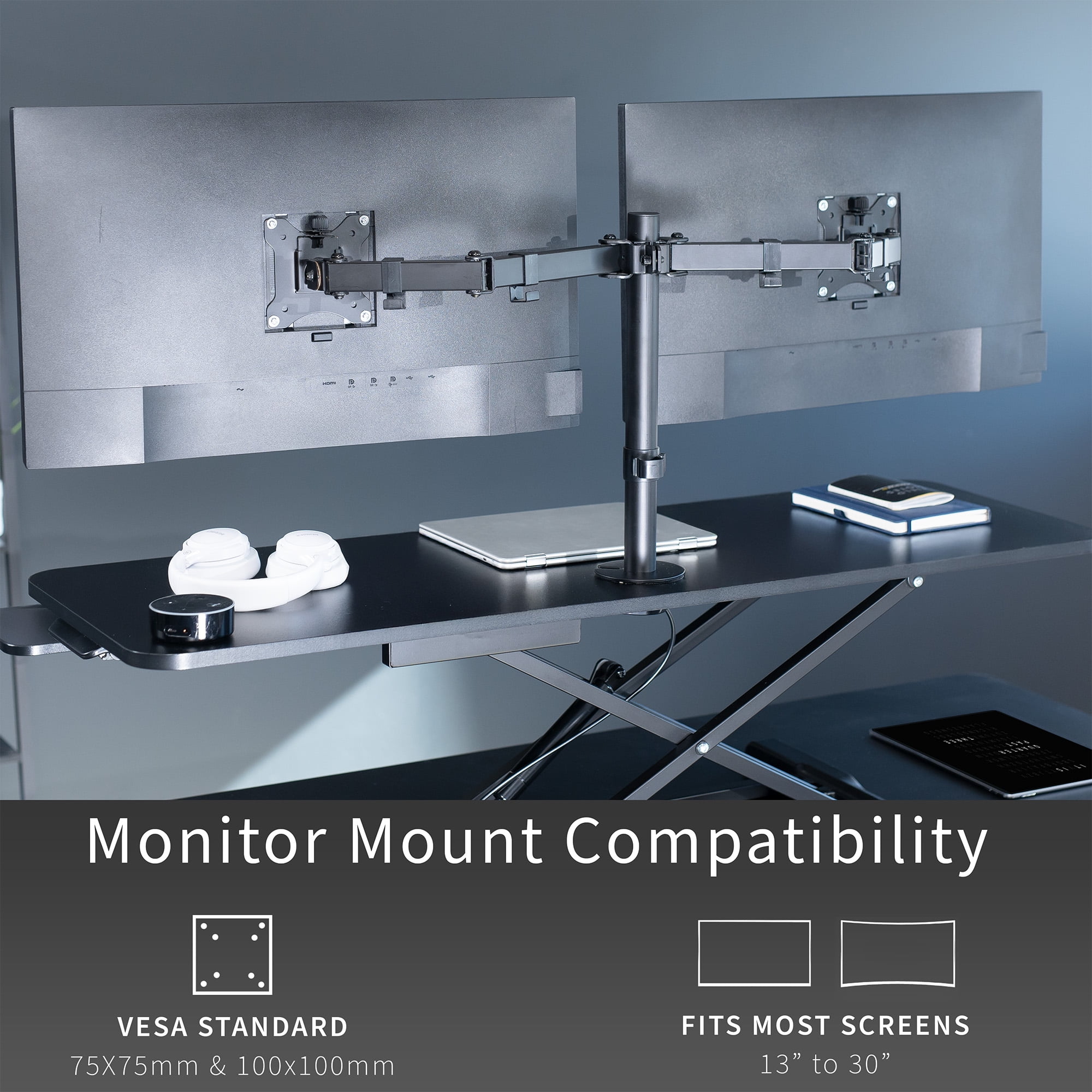 VIVO Black 48" Standing Desk Riser with Adjustable Dual 13" to 30" Monitor Mount
