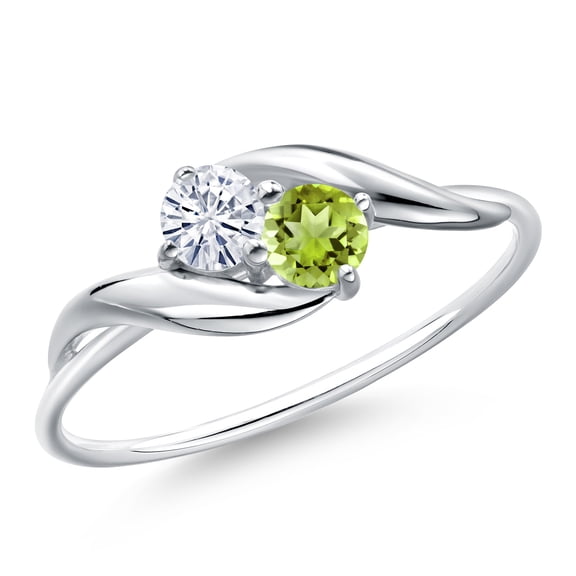 Gem Stone King 10K White Gold Round White Moissanite and Green Peridot Ring for Women (0.37 Cttw, Round 3.5MM, Gemstone Birthstone, Size 6)
