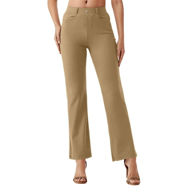Pantalones casuales de mujer con pernera recta - Cintura elástica con bolsillos con botones - Poliéster y spandex - Versátiles para el trabajo y el ocio - Tallas S-XXL