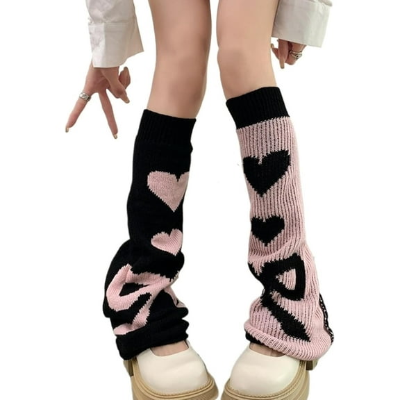 PIKADINGNIS Leg Warmers for Women Cute Heart Bow Pattern Girls Y2k Punk Lolita Double-sided Cotton Knitted Loose Cover Knee-high