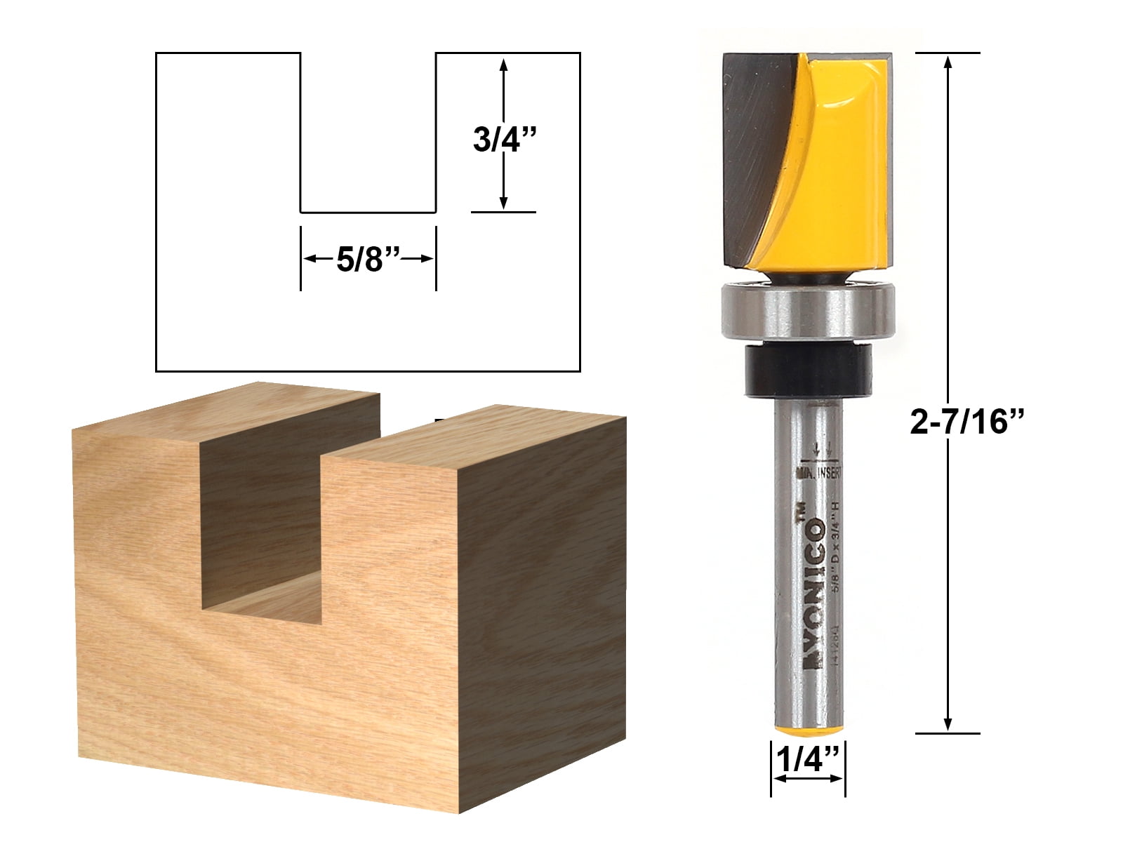 Yonico 3 Bit 5/8" Diameter Flush Trim Template Router Bit Set - 1/4" Shank - 14324q