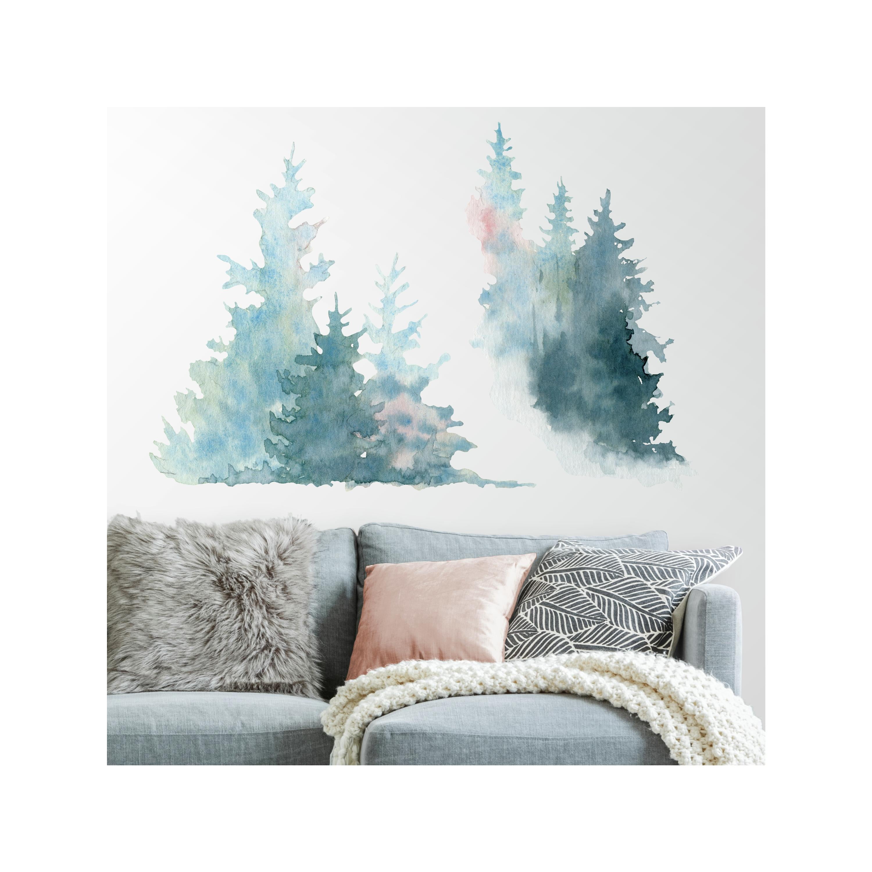 RoomMates Watercolor Pine Tree Blue Peel and Stick Giant Wall Decals, 18.02 inches x 36.62 inches