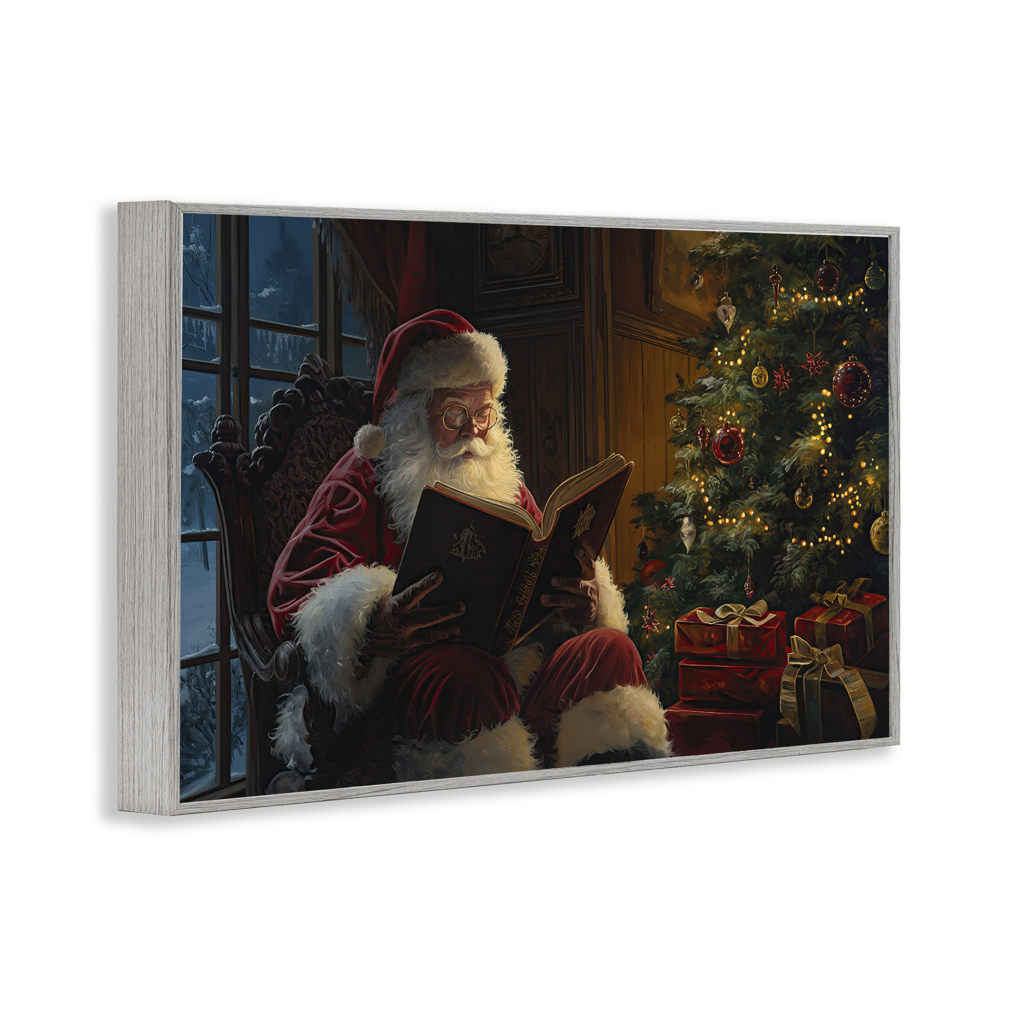 Stupell Industries Santa Reading by Tree Holiday Painting Gray Framed Art Prints Wall Art, 30 x 20
