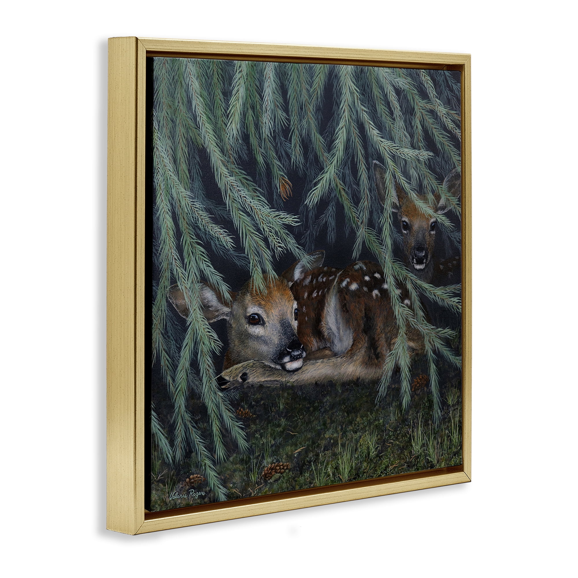 Stupell Industries Deer Under Forest Tree Animals Painting Gold Floater Framed Canvas Art Print Wall Art, 18 x 18