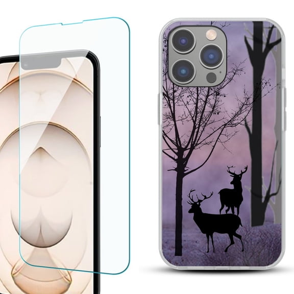 Slim-Fit Gel TPU Phone Case for iPhone 14 Pro, with Tempered Glass Screen Protector, by OneToughShield ® - Forest/Deer/Twilight