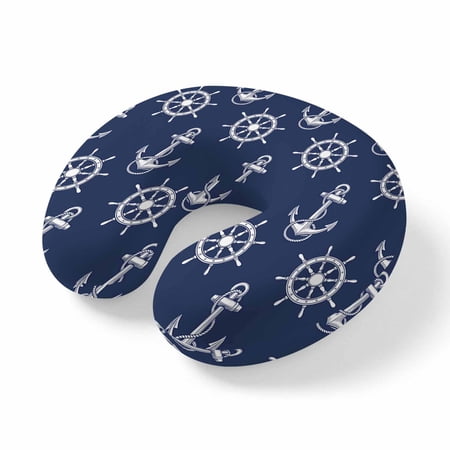 Neck Pillow Navy Blue Anchor Nautical Memory Foam U-Shaped Travel Pillow for Airplane Car Train Office Nap Portable Soft Head Neck Support for Sleeping & Reclining Rudder Coastal Summer Ocean