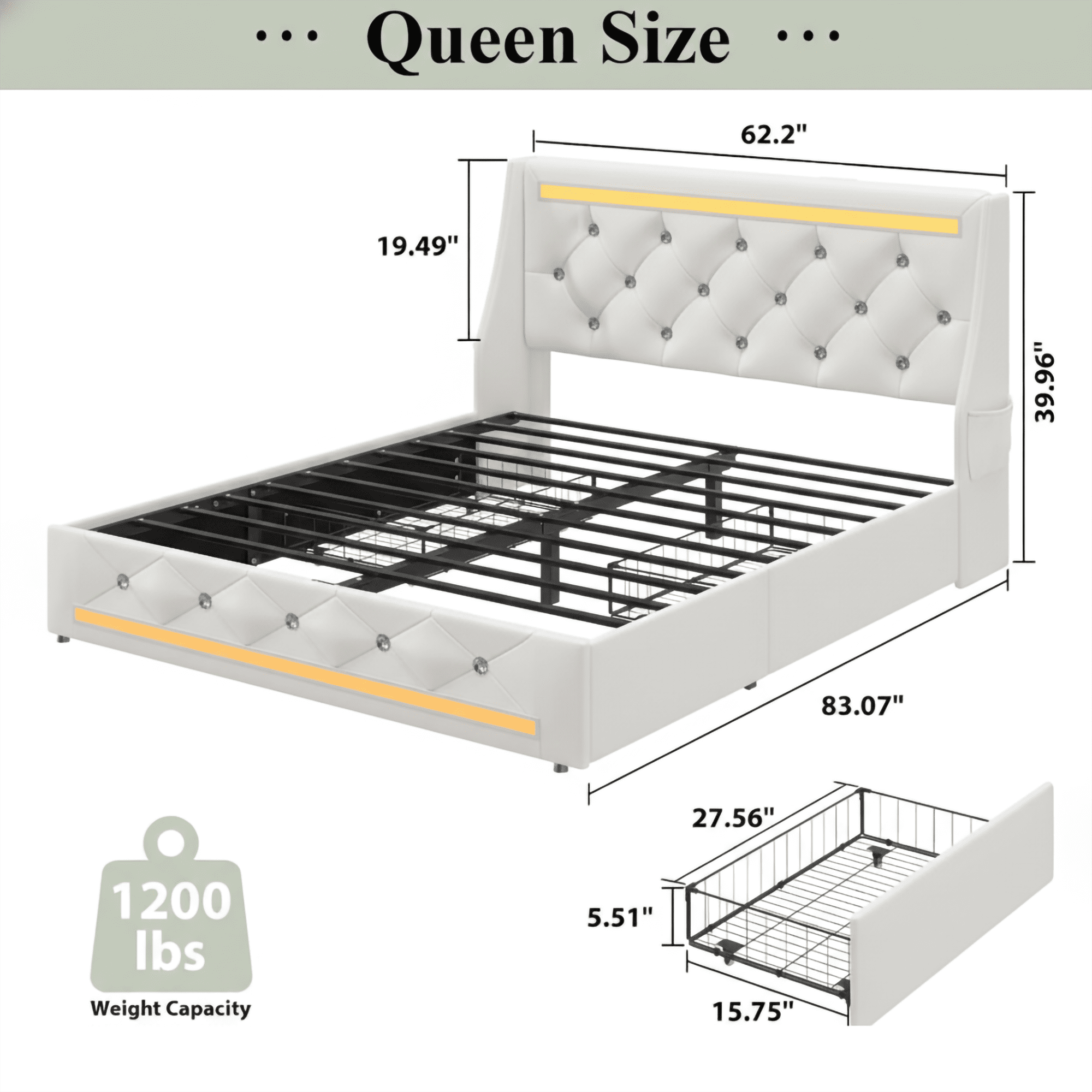 Gewnee Queen Size Bed Frame with Storage Drawers & Charging Station,PU Upholstered Platform Bed with Button Wingback Headboard and Side Pocket,LED Bed Frame,No Box Spring Needed.White