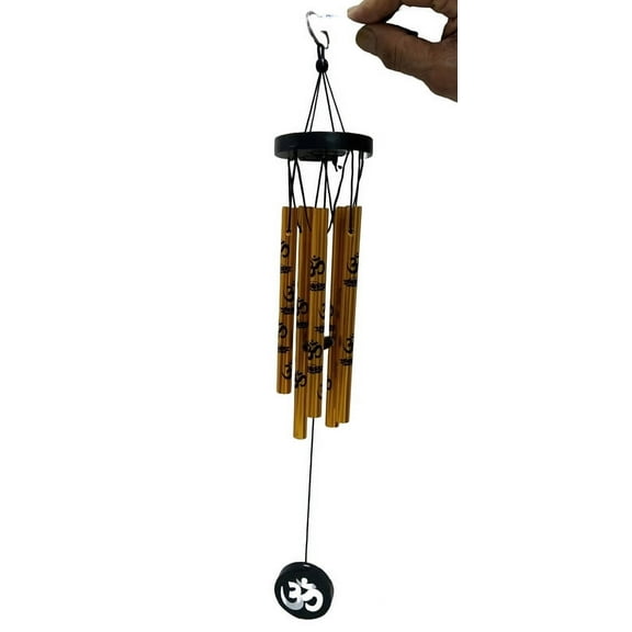 Golden Feng Shui Metal Wind Chime with 5 Om-Printed Pipes for Positive Energy, Decorative Hanging Bells for Indoor/Outdoor Use, Good Luck Chimes for Home or Balcony Decoration (Small Size)