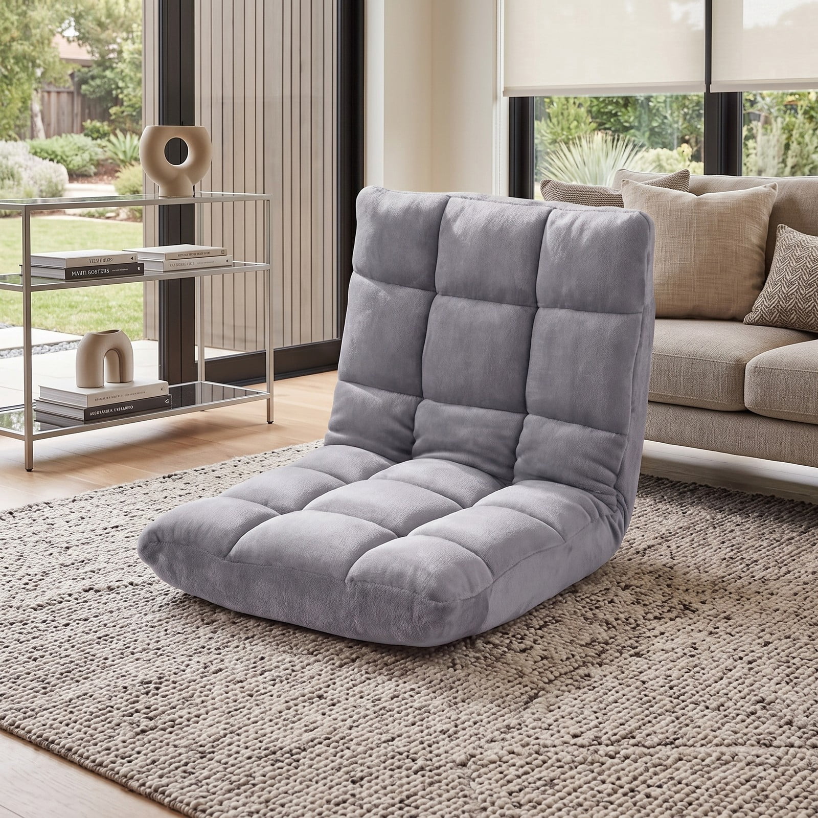 Furnibear 14-Position Adjustable Cushioned Floor Chair, Padded Folding Lazy Sofa Gaming Chair with Steel Frame Back Support for Living Room Bedroom Reading, Light Gray