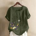 thumbnail image 2 of QIUOMBBP Womens Floral Print Linen Shirts Short Sleeve Plus Size Crew Neck Tops Loose Lightweight Summer Casual Tees Army Green S, 2 of 6