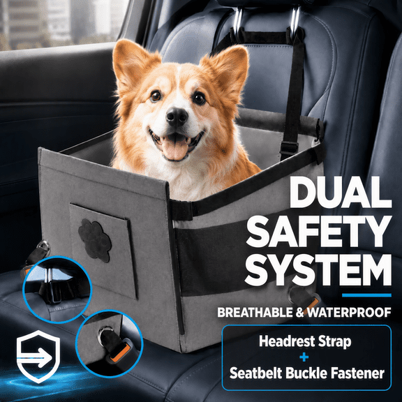 Doulami Dog Car Seat, Pet Car Seat for Small Medium Dogs with Dual Safety Buckles, Breathable Mesh Design, Removable Waterproof Cushion with Side Pocket & Zipper