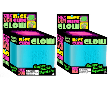 Schylling NeeDoh Nice Cube Glow - Sensory Toy with a Super Solid Squish - Glows in The Dark and Always Returns to its Square Shape - Ages 3 and Up (2 Pack) Colors Vary