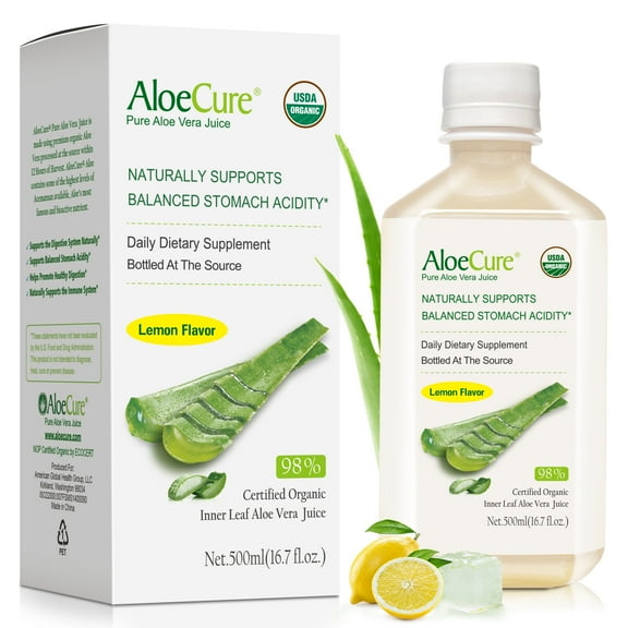 AloeCure USDA Organic Aloe Vera Juice Lemon Flavor - Made Within 12 Hours of Harvest - Natural Digestive Supplement for Balanced Stomach Acidity - Support Digestive and Immune Health - 1 Btl x 16.7oz