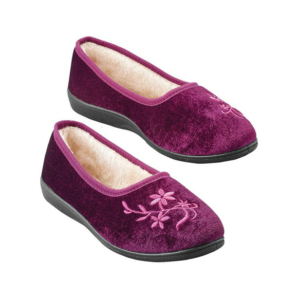 Collections Etc. - Fleece Lined Embroidered Velvet Slippers - Walmart ...