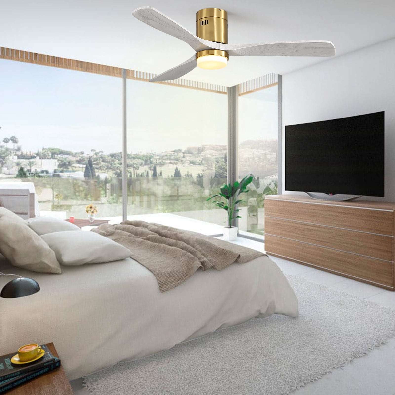 Sofucor 52" Low Profile Ceiling Fan Flush Mount with Light and Remote Control, 3 Washed White Blades