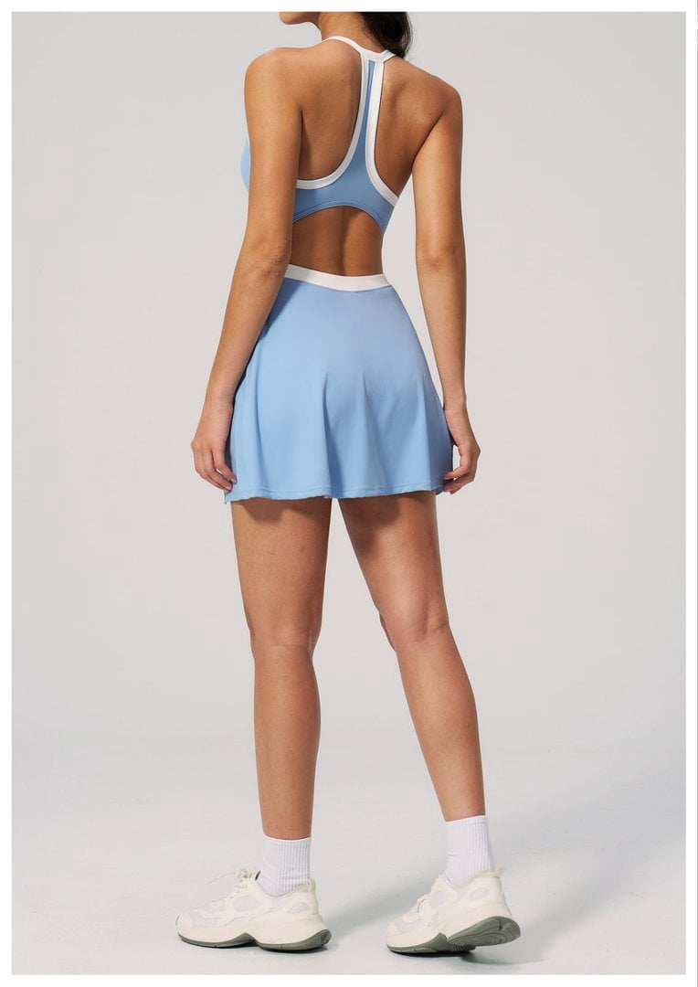 PISONIC Womens Workout Athletic Mini Dress with Built-in Shorts Sleeveless Cutout Tennis Dress