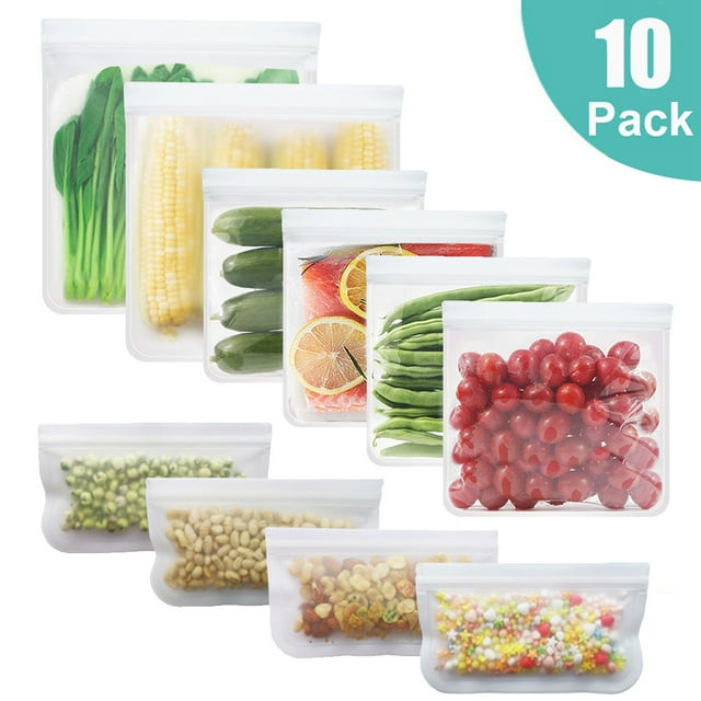 Yeacher PEVA Food Storage Bags 10 Packs Leakproof Eco-friendly Reusable Food Storage Bags for Vegetable Fruit Snack Lunch