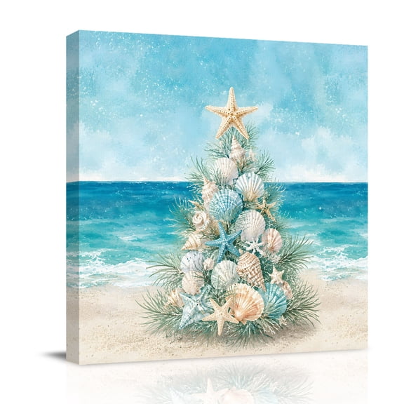 Canvas Wall Art, Coastal Christmas Framed Canvas Prints for Bathroom Desk, Winter Beach Xmas Tree Shell Conch Small Gallery Wrapped Wall Decor for Home Office, Gifts, 8"x8" Ship Next Day