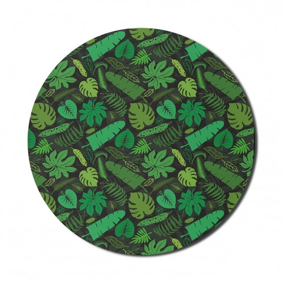 Jungle Mouse Pad for Computers, Pattern of Various Forest Leaf Silhouettes, Round Non-Slip Thick Rubber Modern Gaming Mousepad, 8" Round, Evergreen Fern Green, by Ambesonne