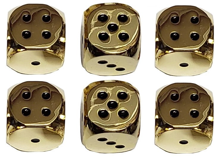 Cyber-Deals Set of (6) Solid Zinc Alloy Metal Polished Finish 16mm Dice (Gold with Black Dots) with Black Velvet Cloth Pouch