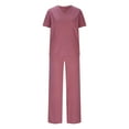 thumbnail image 4 of UAMVSH Women Ribbed Knitted Lounge Outfits Comfy Short Sleeve Side Slit Tops with Loose Fits Wide Leg Pants Lightweight Two Piece Sets(LargeHot Pink), 4 of 5