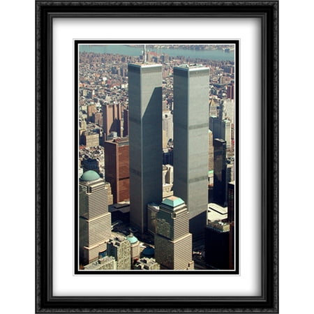 New York City Twin Towers Skyline 2x Matted 28x36 Large Black Ornate Framed Art Print by The Cityscape Art Print Series