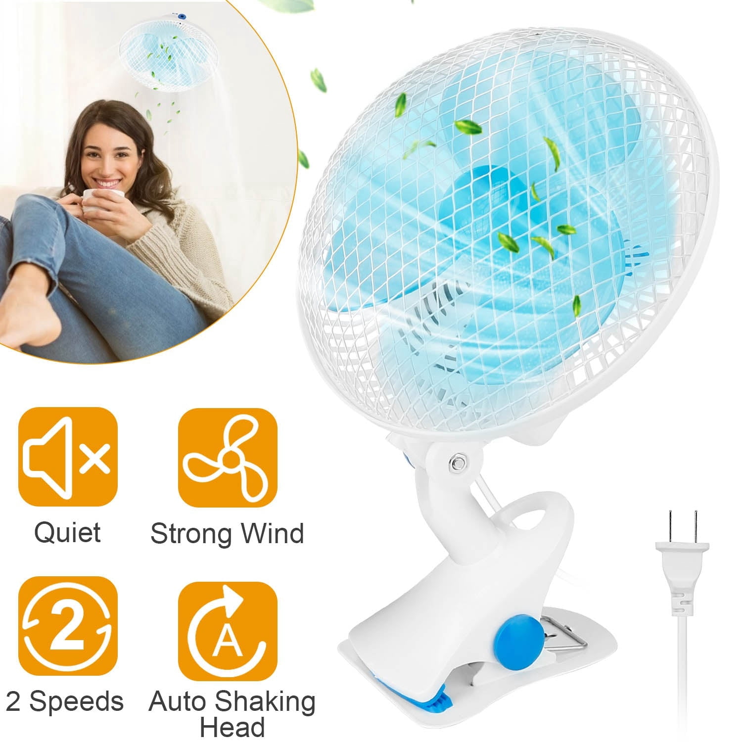 8 Inch Clip On Fan 2 Speed Oscillating Cooling Fan Cord Rechargeable Adjustable