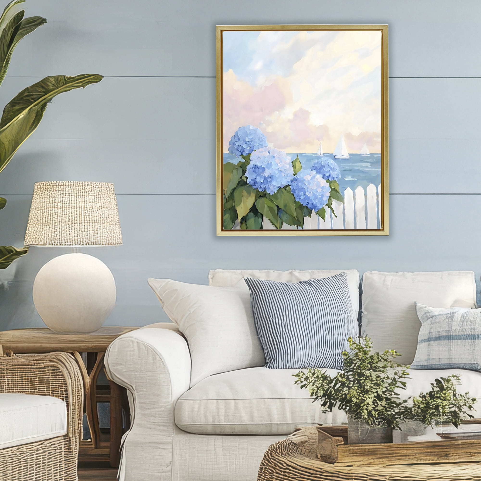 Stupell Industries Hydrangeas By The Sea Gold Framed Floater Canvas Wall Art, design by Creative Studio