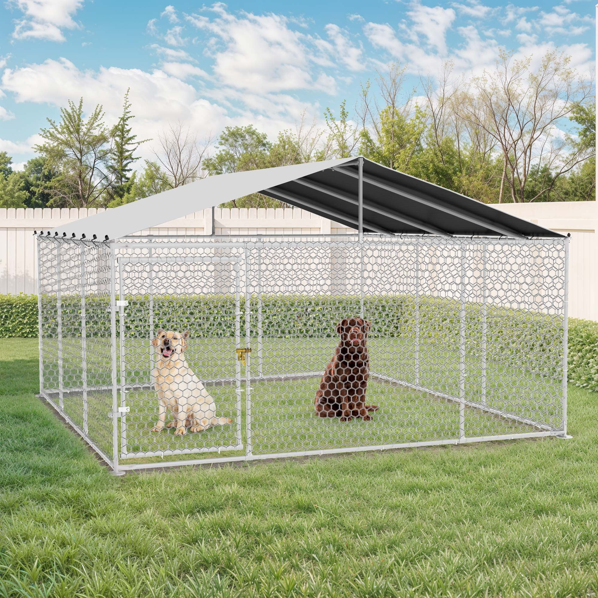 Uforic 14.8'x14.8'Large Outdoor Dog Kennel with Metal Dog Gate, Outdoor Dog Enclosure with Roof, Heavy Duty Dog Kennel for Backyard Farm