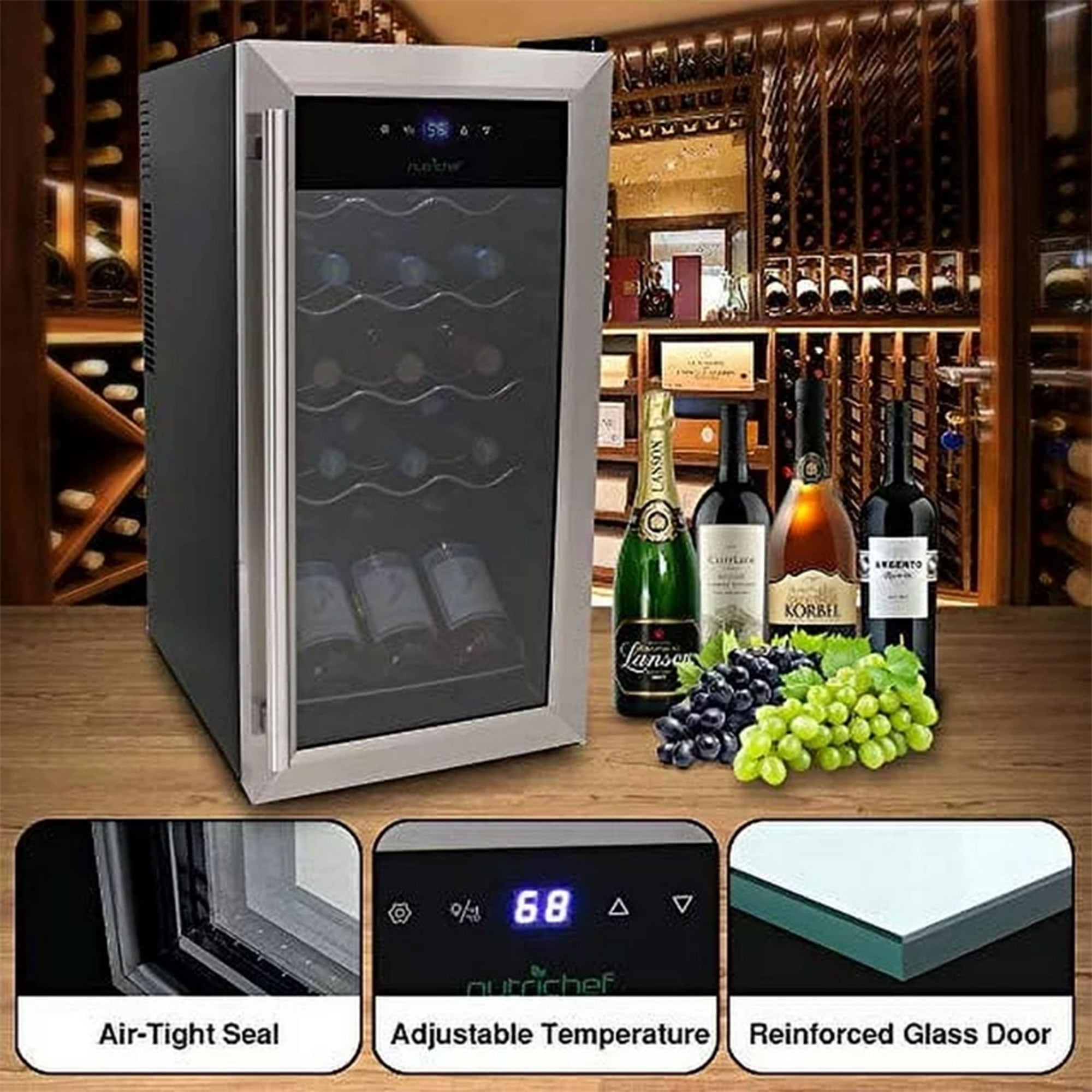 NutriChef PKCWC15 - Wine Chilling Refrigerator Cellar - Touch Button Control with Air Tight Seal, Contains Placement for Standing Bottles (15 Bottle Storage Capacity)