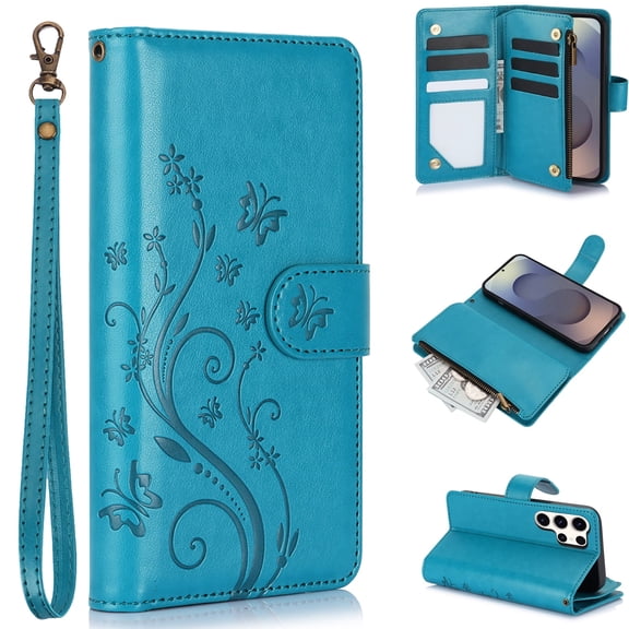 Dteck for iPhone 12 Pro Max Wallet Case, Embossed Butterfly PU Leather Phone Case Women Men Flip Cover Wrist Strap Zipper Credit Card Holder Slots for iPhone 12 Pro Max,Blue