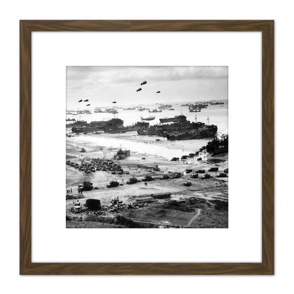 WWII War US Landing Ships Omaha Beach D-Day 1944 Photo 8X8 Inch Square Wooden Framed Wall Art Print Picture with Mount
