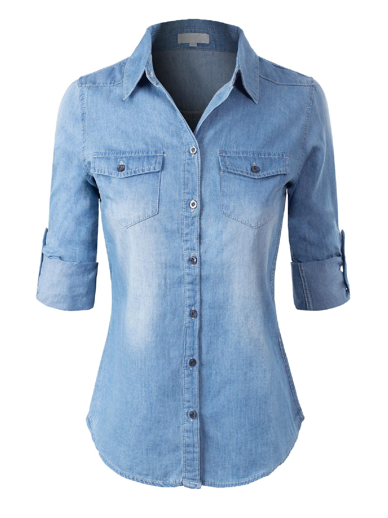 MixMatchy Women's Junior Size Long Sleeve ButtonDown Denim Chambray