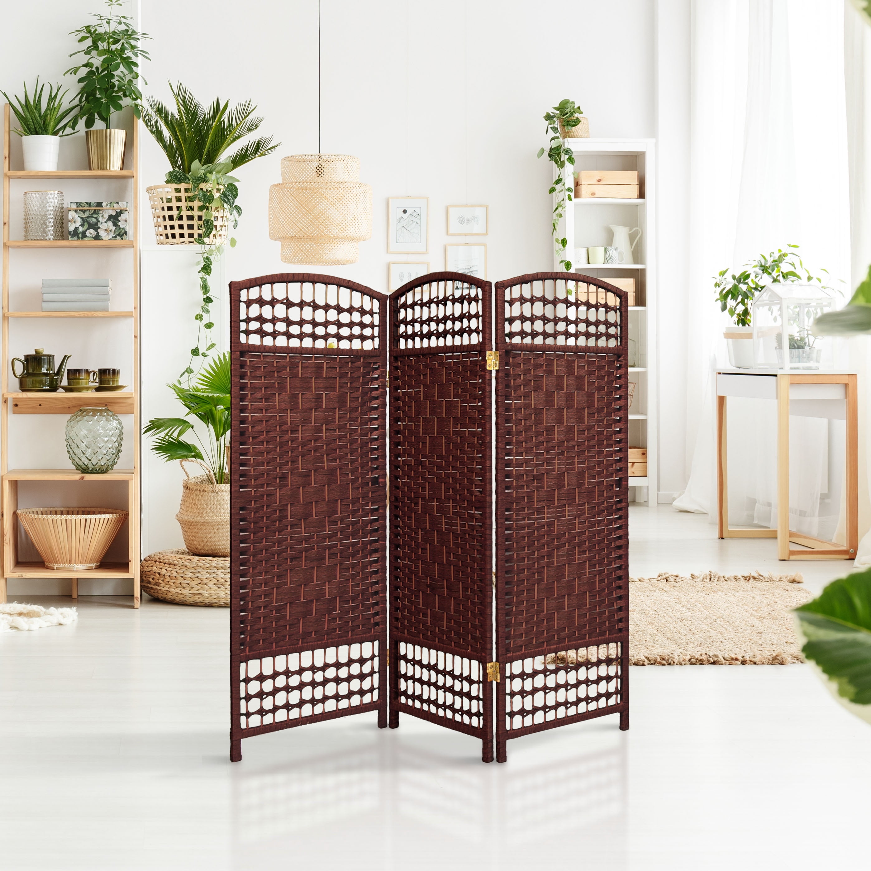 Red Lantern 4 ft. Folding Screen Room Divider - Short Fiber Weave, Dark Red, 3 Panels