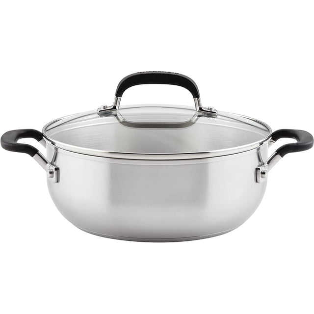 KitchenAid - Casserole en Acier Inoxydable Brossé avec Couvercle, Compatible avec Cuisinière à Induction (3,8 L/4 Qt)