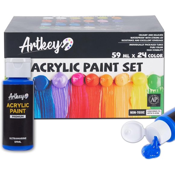 Set de pintura acrílica Artkey, 24 colores, 59 ml (2 oz) para artistas profesionales y principiantes. Materiales para manualidades y arte: lienzo, madera, tela, piedra, cuero, cerámica, vidrio y huevo